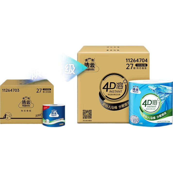 Рулонная туалетная бумага Hygienix Core Roll, 4D растворимая, 120 г * 27 рулонов, бумажные полотенца для ванной, смываемая туалетная бумага