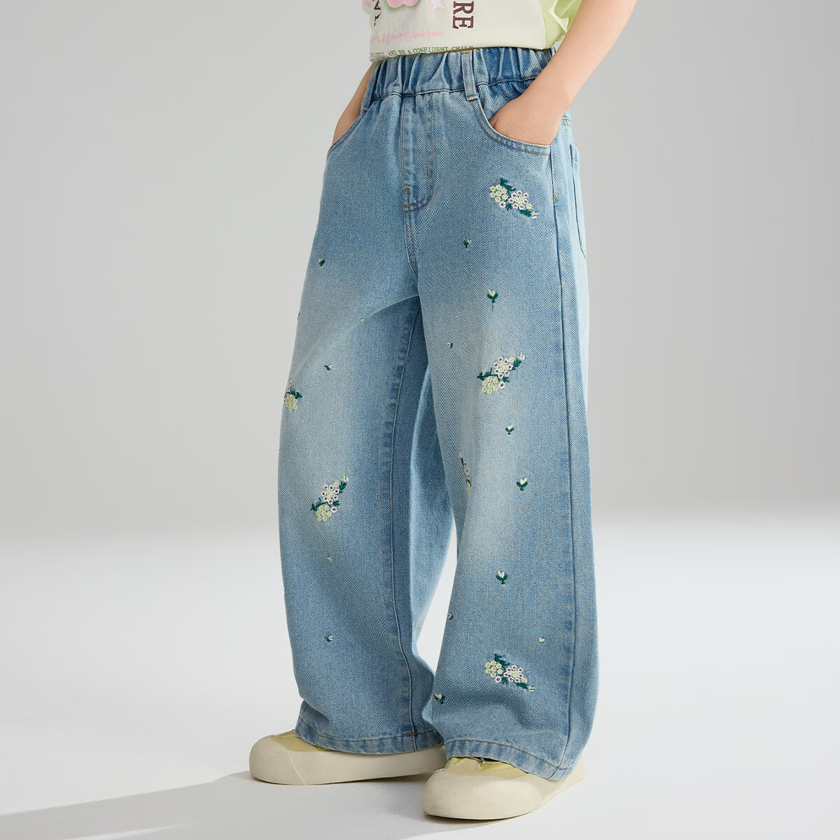 ASK JUNIOR Girls' Pants, Autumn 2026 Embroidered Denim Wide-Leg Straight Trousers, Long Pants for Running And Casual Wear 1