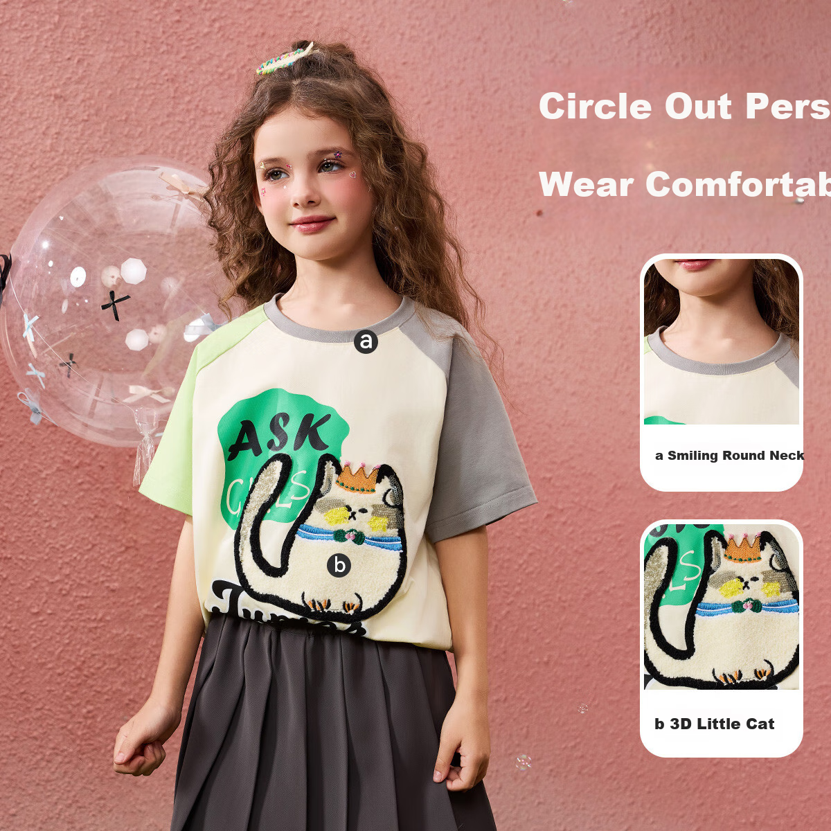 ASK JUNIOR Children's Short-Sleeve T-Shirt, Girls' Summer Wear, Big Kids Contrasting Color Breathable Undershirt, Half-Sleeve Top, Beige, Size 120 5
