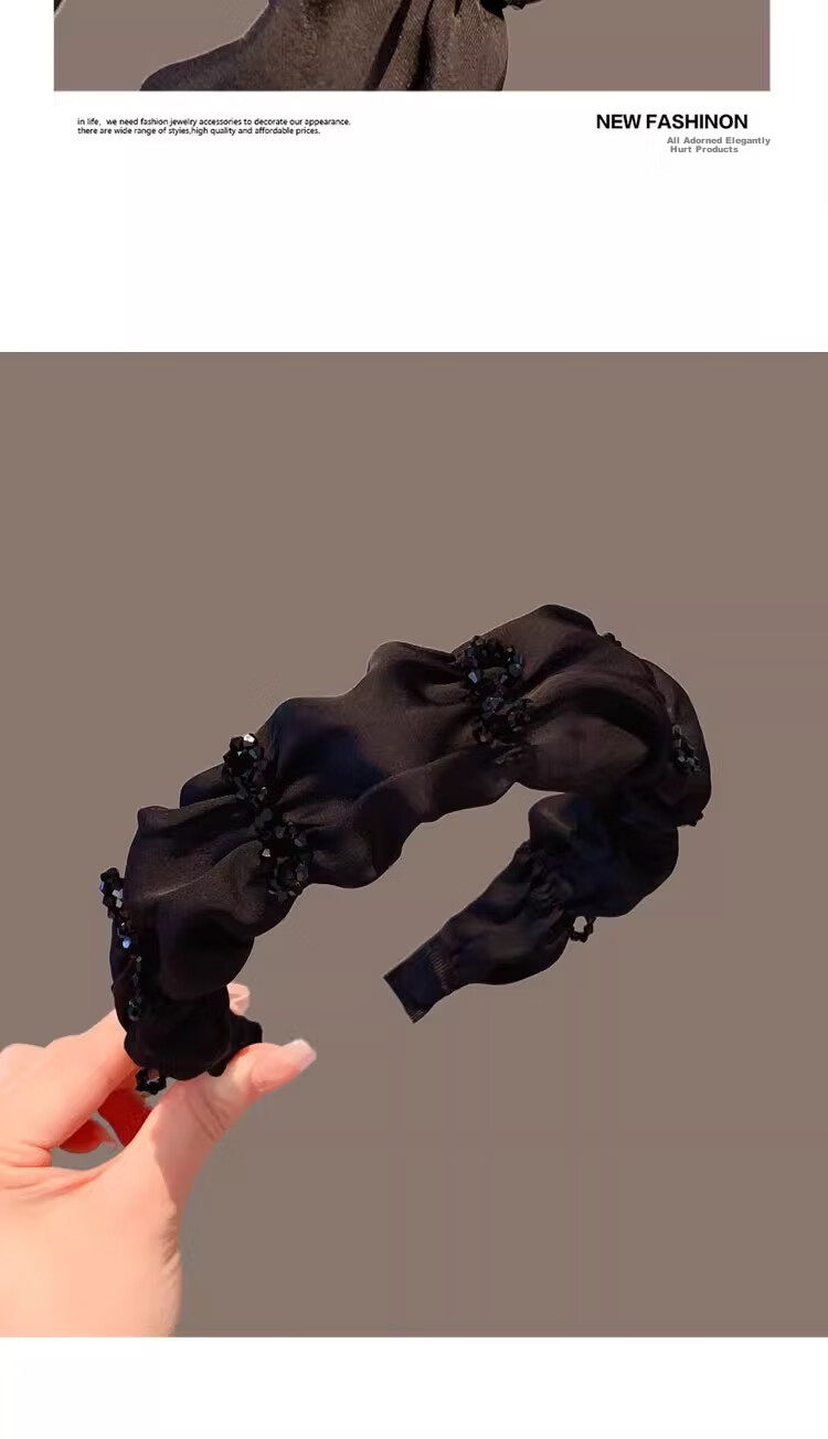 Gunai Elegant Black Wide-Brimmed Pleated Crystal Headband for Women, High Crown Elegant Niche Hair Clip Accessory 5