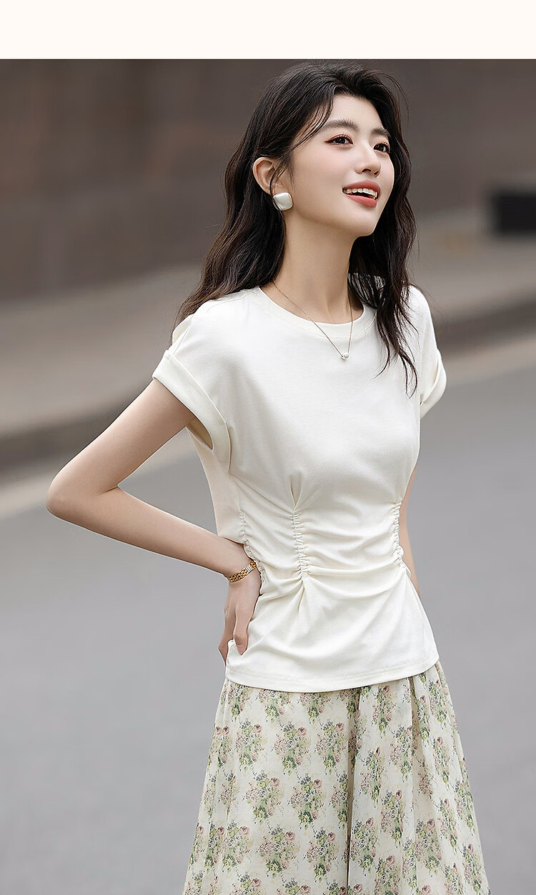 Dme [Containing Naked-Feel Lyocell] Summer Simple Round Neck Pleated Undershirt Short Sleeve Soft Stretch Comfortable Slimming Women's T-Shirt 10