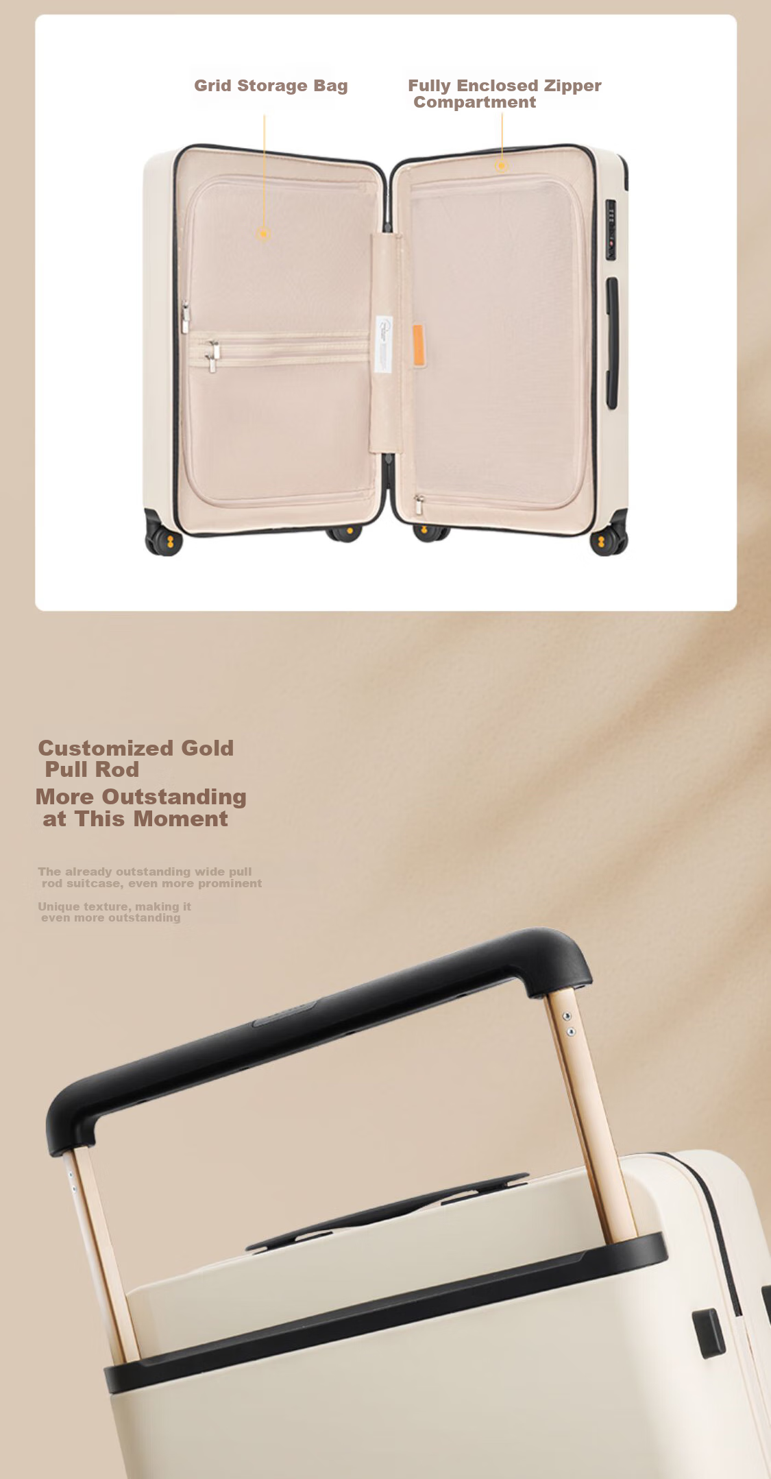 LEVEL8 Suitcase with Wide Handle, Travel Luggage for Men And Women, 28-Inch Large Capacity Password Lock Suitcase with Spinner Wheels, Yuexiangjia Series, Apricot Color 5