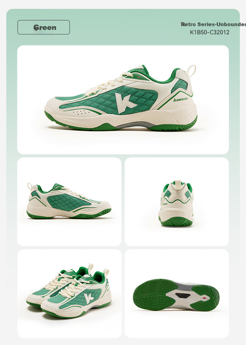 KAWASAKI Badminton Shoes for Men, Boundless Shock Absorption, Non-Slip, Breathable, Sports Running Training C32012 Green 38 22