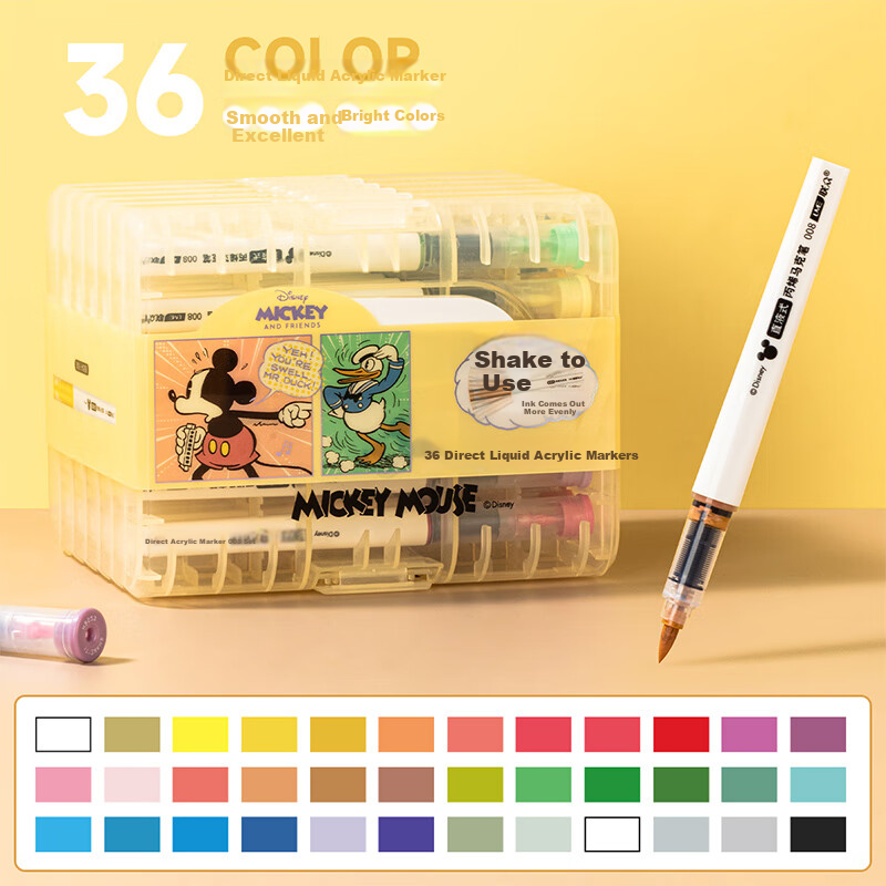 Disney 36-Color Direct Liquid Acrylic Markers, Children's Drawing Pens, Quick-Drying Cartoon Waterproof Paint Pens for Elementary School Students, Mickey Mouse Stationery