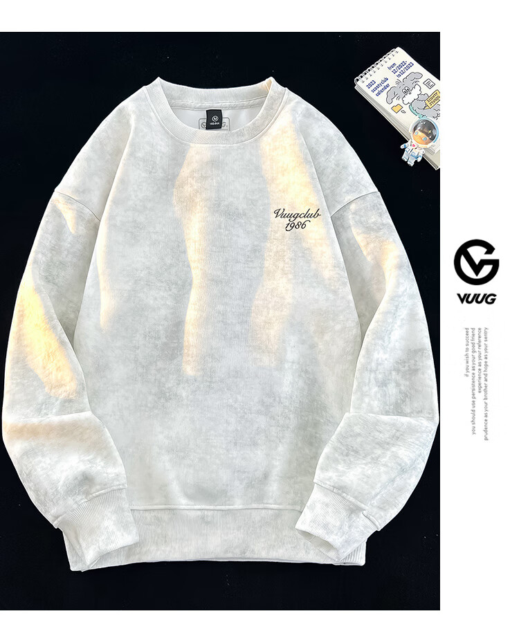 VUUG Tie-Dye Distressed Hoodie Men Spring Autumn Loose Fit American Style Fleece Lined High Street Base Shirt 2XL White Fleece Lined 6