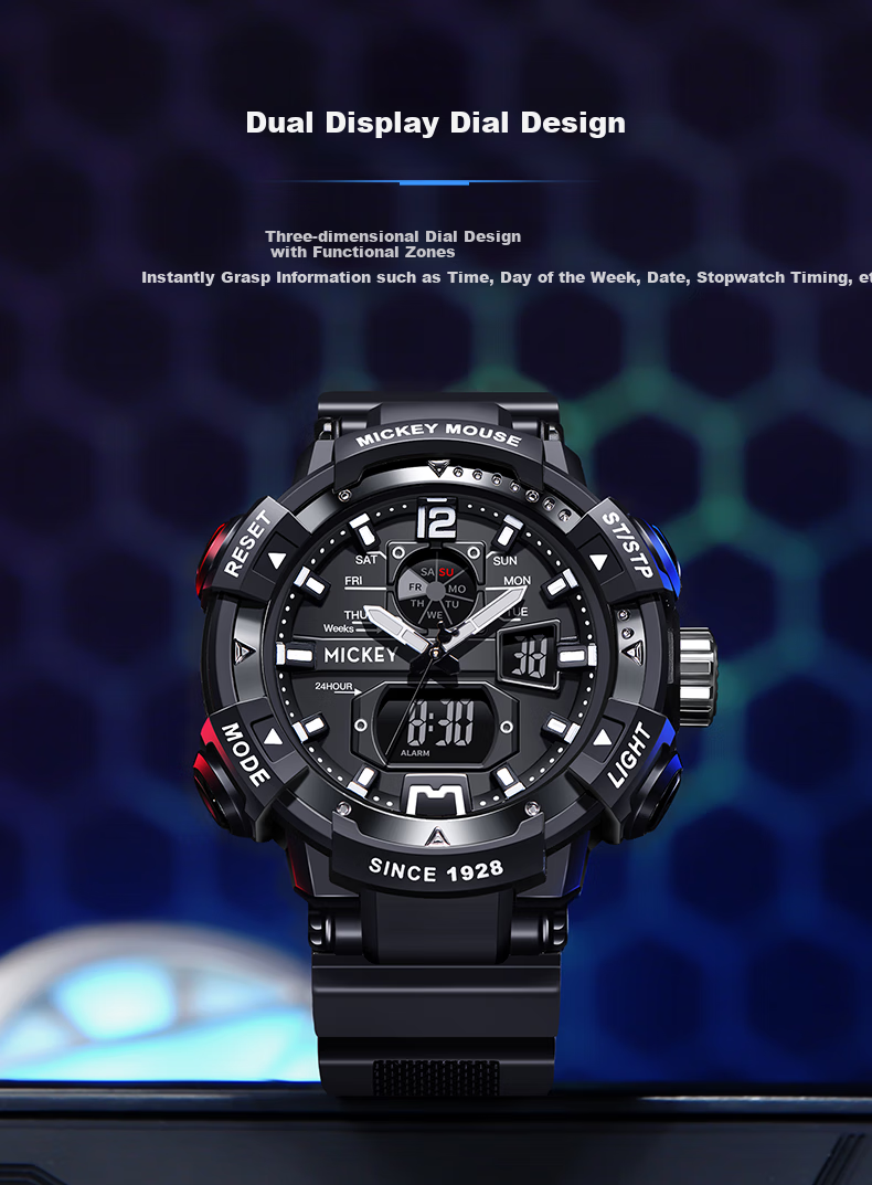 Disney Watch for Men, Students, Trendy Sports, Waterproof, Teenagers, Middle And High School Students, Multifunctional Dual Display Digital Watch, Cool Black And Purple 4