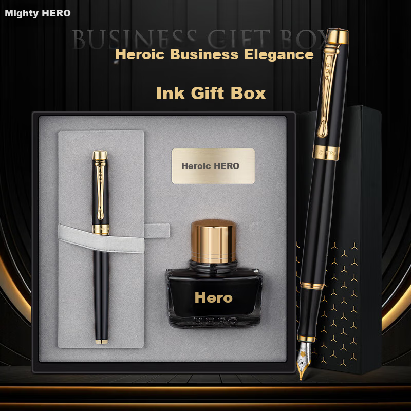 HERO Fountain Pen, New Year Gift Box [Shao Hua Series], Business Signature Iridium Gold Writing Holiday Gift Set with Black Lijia Ink
