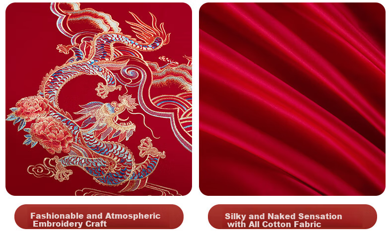BEYOND Home Textiles Wedding Six-Piece Set, Pure Cotton, Red Traditional Embroidery, Dragon And Phoenix Wedding Set, Long Teng Feng Yue, 1.5 Meters 10
