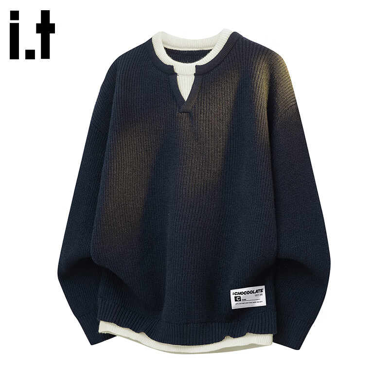:CHOCOOLATE IT Fake Two-Piece Sweater Men Autumn Trendy Patchwork Loose Comfortable Knit Jacket Dark Teal M
