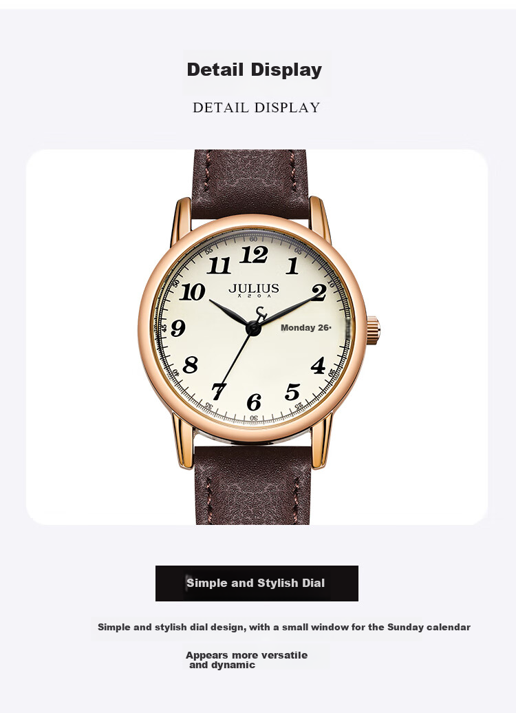 Julius Watch for Women, Retro Dual Calendar Elegant Versatile Youth Quartz Student Exam Watch, Versatile Black JA-1472B 9