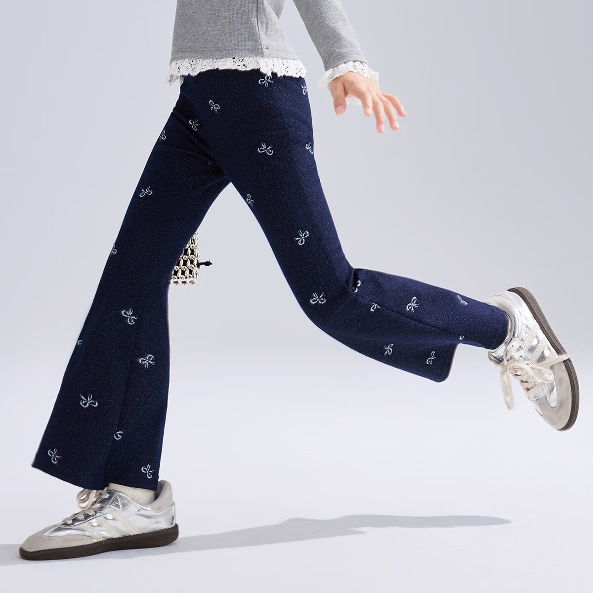 ASK JUNIOR Kids Pants 2026 Autumn Jacquard Denim Jeans Girls Casual Long Pants Flared Dark Blue 140
