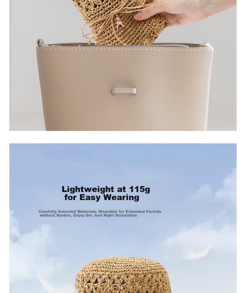 ELLE Straw Hat, Elegant Hollow Sun Protection Hat, Beach Sun Hat, Lyocell, Gift for Girlfriend 52