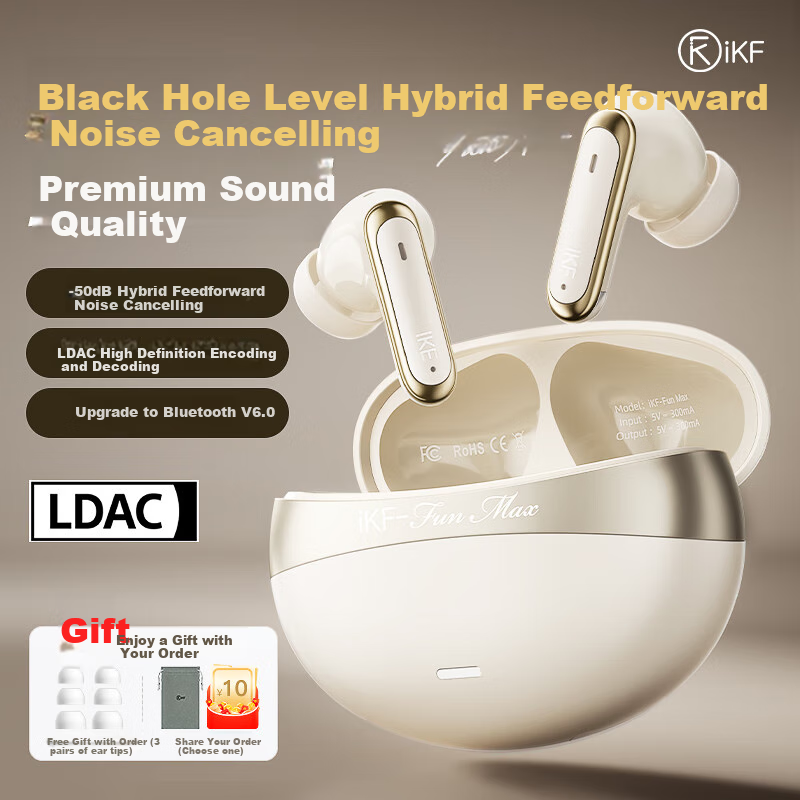 IKF C01 Clip-On Bluetooth Headphones, Wireless Open-Style Bone Conduction, Non-In, Ultra-Long Battery Life, AI Calling, Noise Reduction, Suitable for Huawei And Xiaomi, Warm Cloud White