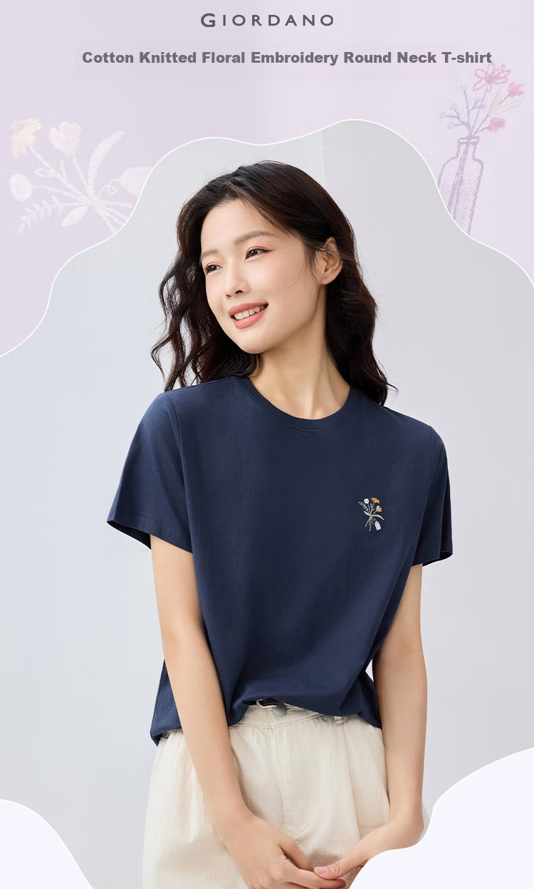 Giordano Women's Short-Sleeve T-Shirt, Summer New Style, Pure Cotton Floral Embroidery, Youthful Casual Round Neck Top, 13325325 3