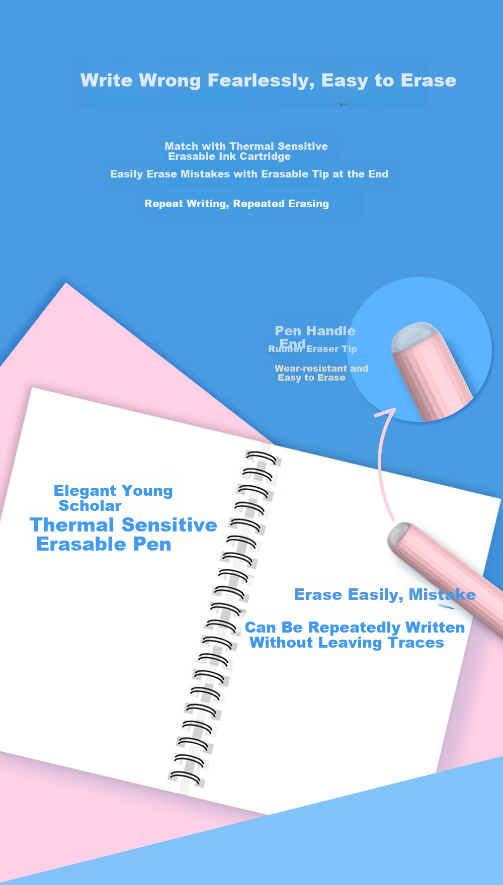 [Back to School Essential] OASO Erasable Fountain Pen for Primary School Students' Posture Correction And Handwriting Practice in Third Grade, Replaceable Ink Cartridge (Cherry Blossom Pink), Blue Erasable Ink Cartridge 2