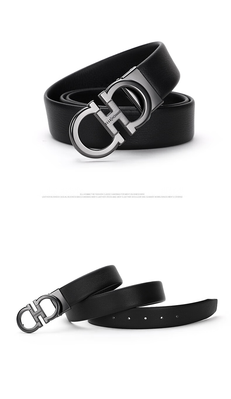 ELLE HOMME Men's Business Leather Belt, Top-Grain Cowhide Buckle Waistband, Fashionable Trouser Belt 4923 Black Birthday Gift for Me 3