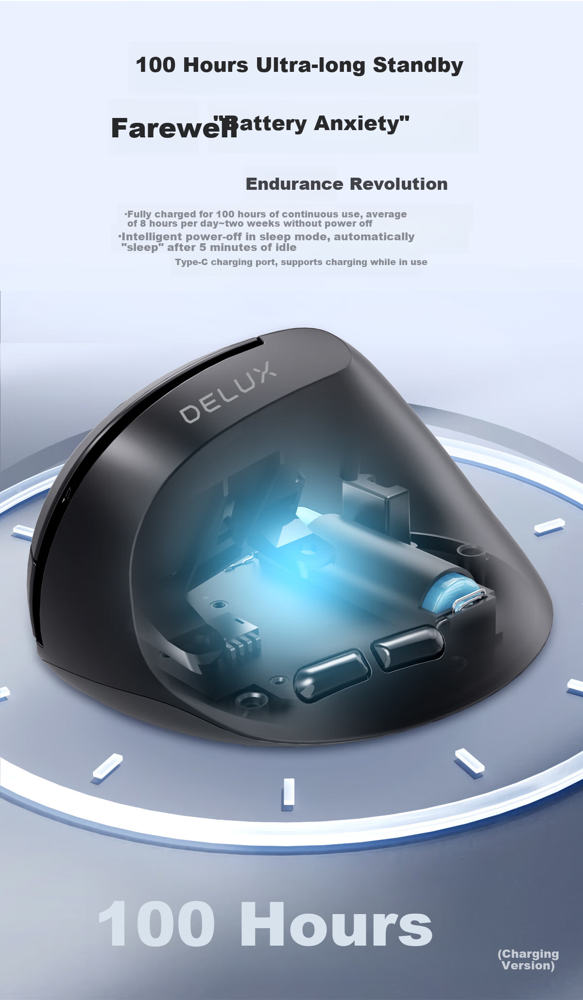 Delux M618Air Lightweight Ergonomic Wireless Dual-Mode Vertical Mouse for Office, Quiet Operation, Compatible with Computers, Laptops And Tablets, Long Standby Time, Rechargeable, Black 2