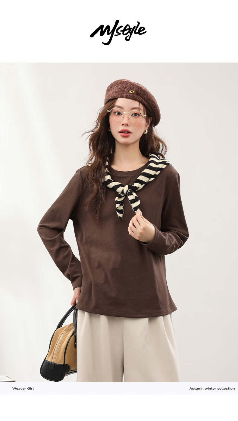 MJ STYLE Thin Fleece Lined Base Shirt for Women 2026 Autumn Winter New Plush Warm Antibacterial Loose Long Sleeve T-Shirt Top 1