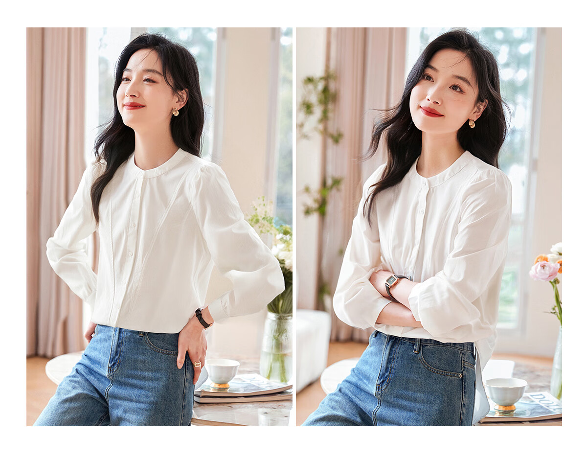 Chushen Women's Spring and Autumn Long Sleeve Shirt Fashion Small Stand Collar Cotton White Shirt S53S015 4