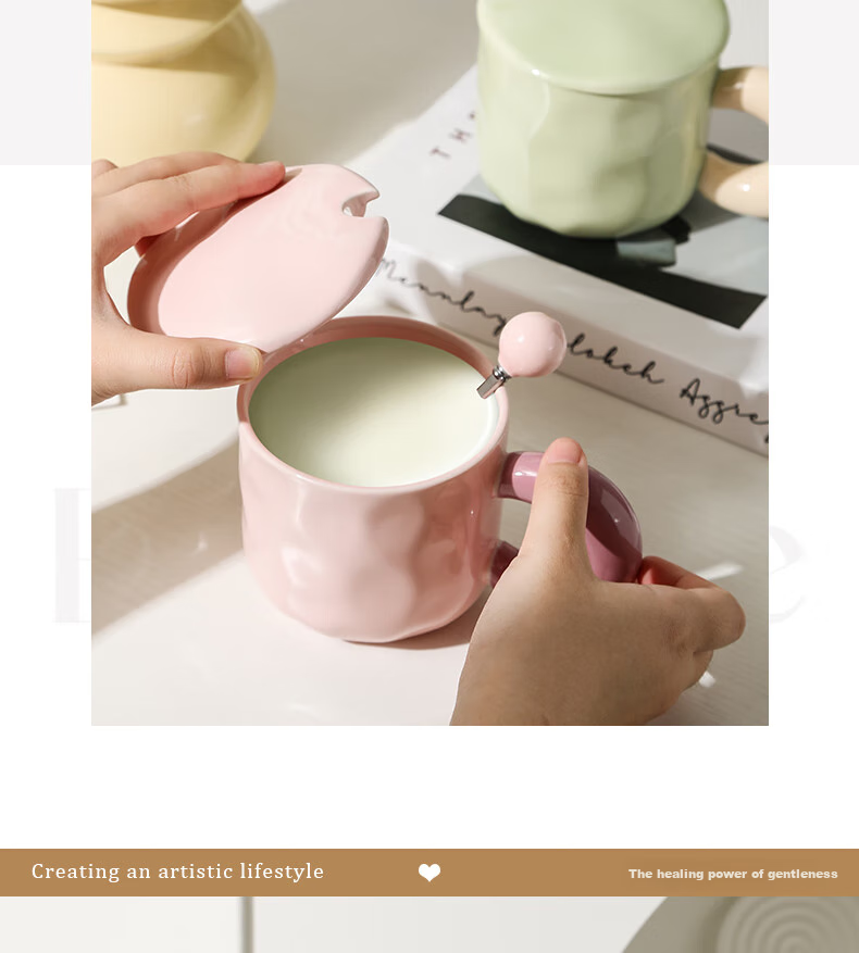 JIWUSENLIN Ceramic Mug with Spoon And Lid, Coffee Cup, Couple's Tea Cup, Dishwasher Safe, Yellow, 420ml 4
