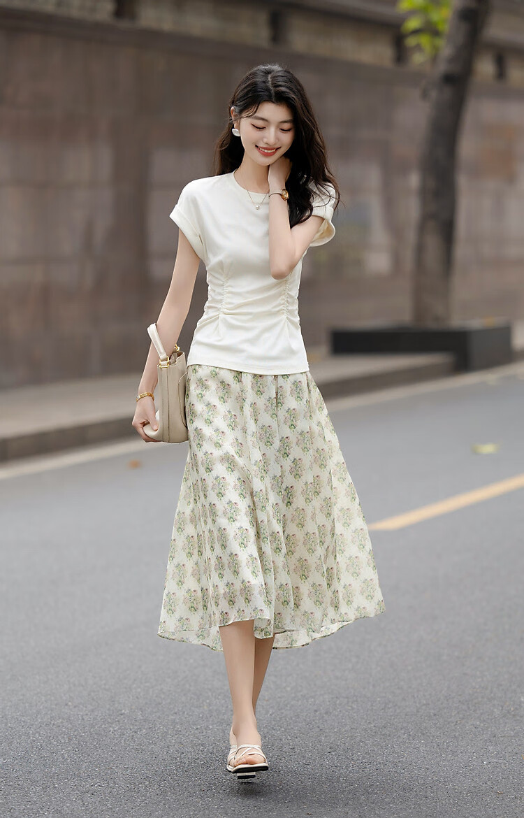 Dme [Containing Naked-Feel Lyocell] Summer Simple Round Neck Pleated Undershirt Short Sleeve Soft Stretch Comfortable Slimming Women's T-Shirt 8
