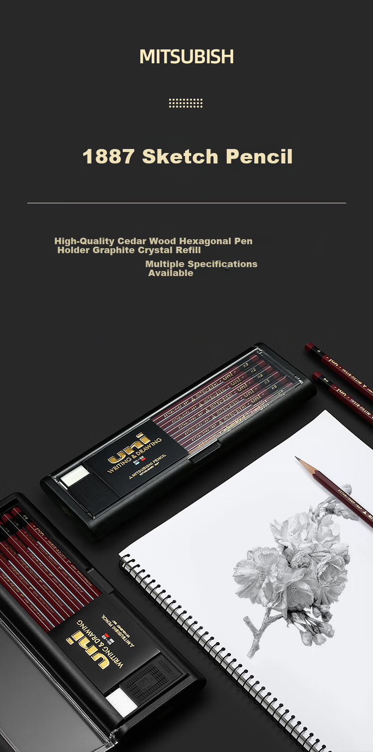Uni Mitsubishi [Back to School] Gold Pencils 7H, Wooden Shaft Pencils for Art Students, Charcoal Pencils for Writing, Drawing, And Design, 12 Pencils/Box (With Eraser), 1887 1