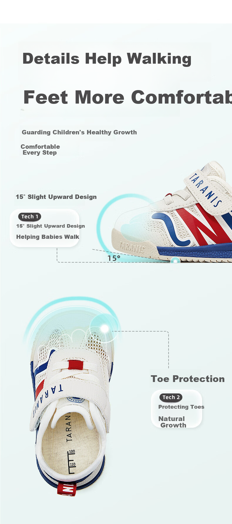 TARANIS Spring Children's Shoes, Toddler Walking Shoes for Boys, Soft-Soled Functional Shoes, Baby Shoes, Boys' Loafers, White/blue/red, Size 23 5