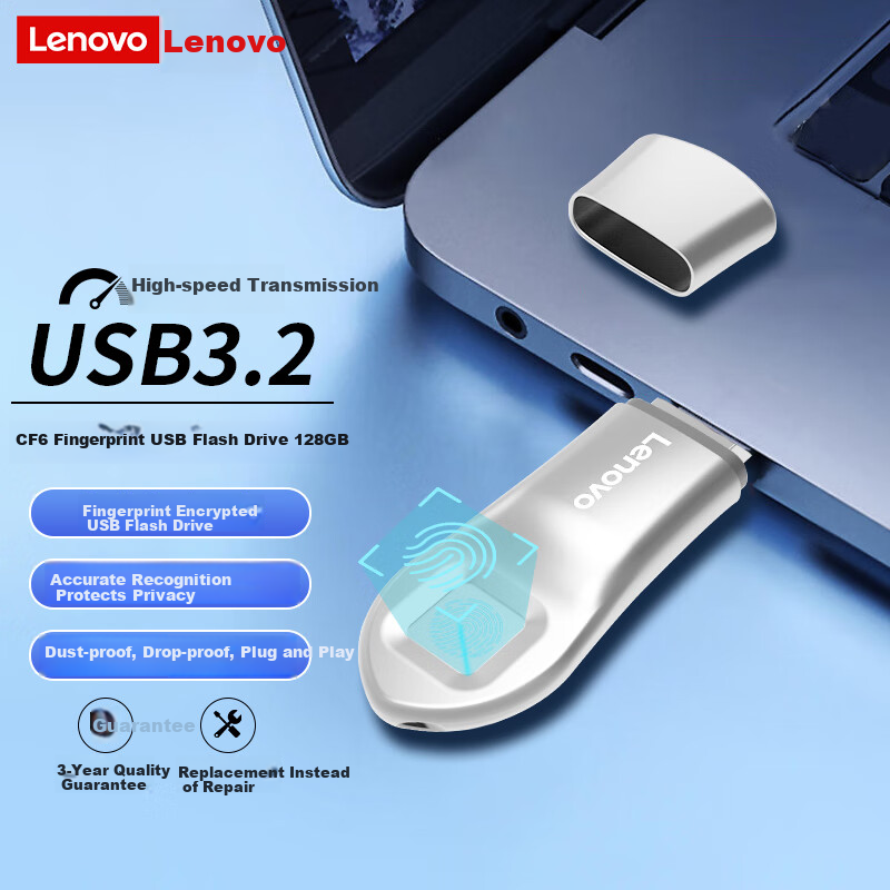 Lenovo 128GB USB3.2 Fingerprint Encrypted Flash Drive, Secure Business Study Office Entertainment USB Drive, CF6 Series