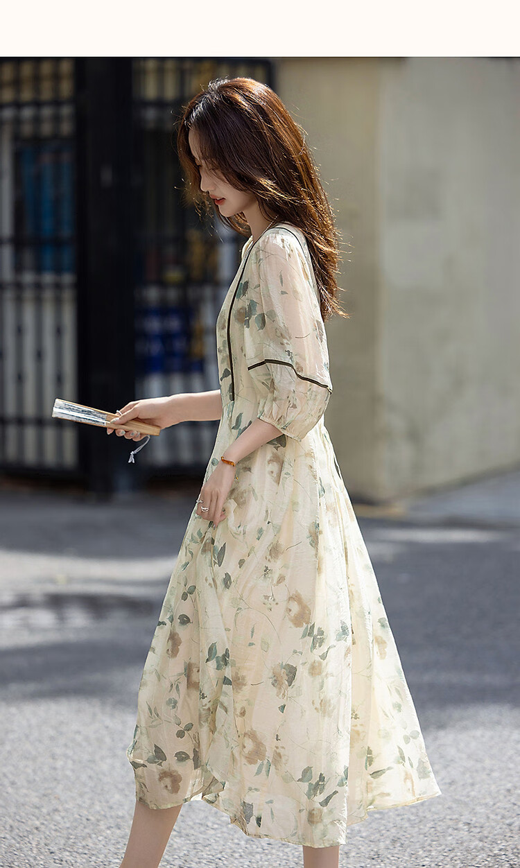 Demana [Breathable Tencel] Summer Romantic French V-Neck Striped Printed Petite Elegant Women's Dress 17