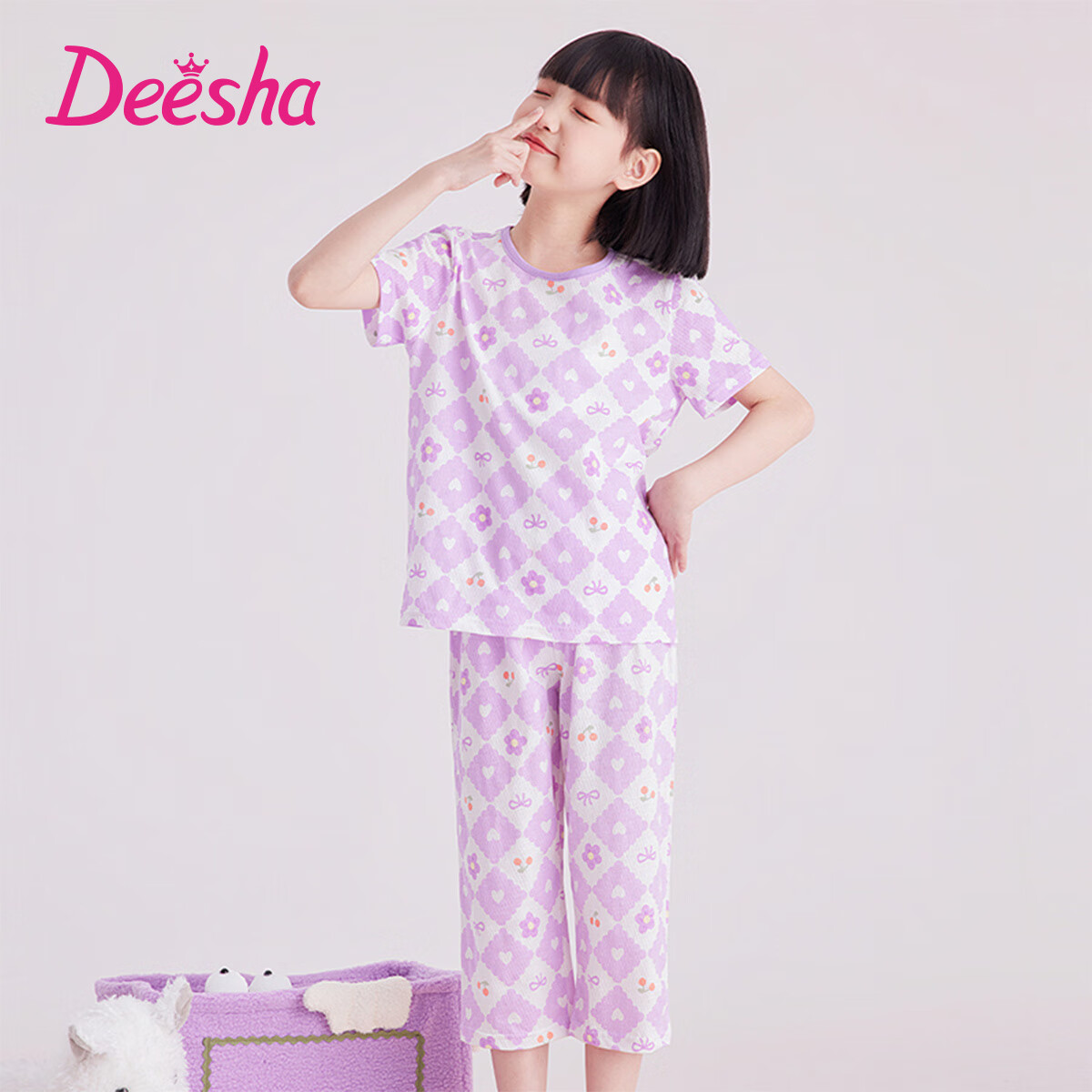 DEESHA Girls' Pajamas, Spring And Summer Thin Mesh Breathable Antibacterial Pure Cotton Air Conditioning Wear, for Older Children's Home Wear Set