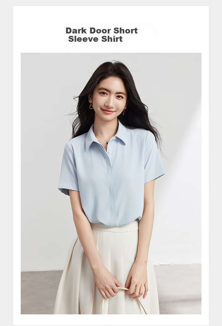 Bodexiaojie Blue Chiffon Short-Sleeve Blouse for Petite Women, Professional Work Top, Interview Formal Wear Shirt, Size L 1
