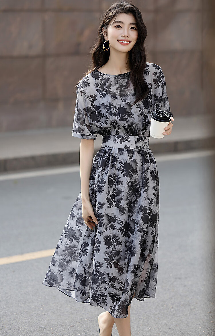 Dme [Retro Straight-Spray Ink Floral Print] Summer French Round Neck Drop-Shoulder Waist-Cinching Tie-Waist Women's Dress 9