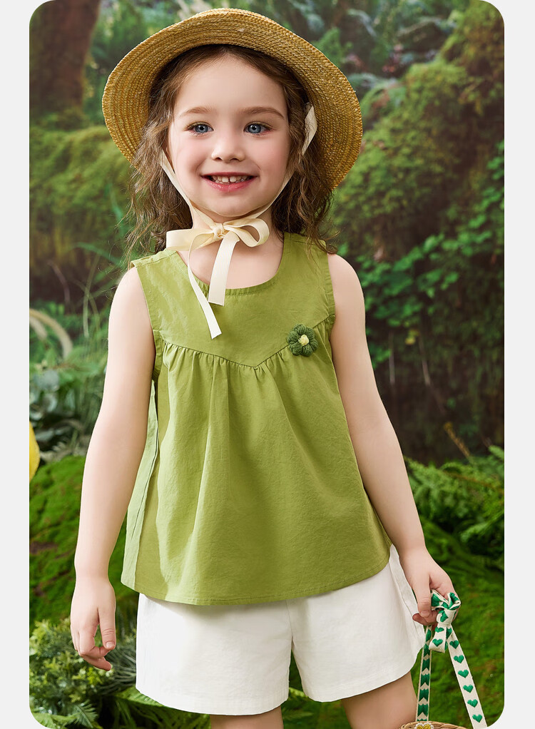 ASK JUNIOR Children's Summer Set, Sleeveless Vest Top for Young Kids, Casual Shorts, Forest-Style Girls' Pure Cotton Two-Piece Outfit, Green, Size 130 2
