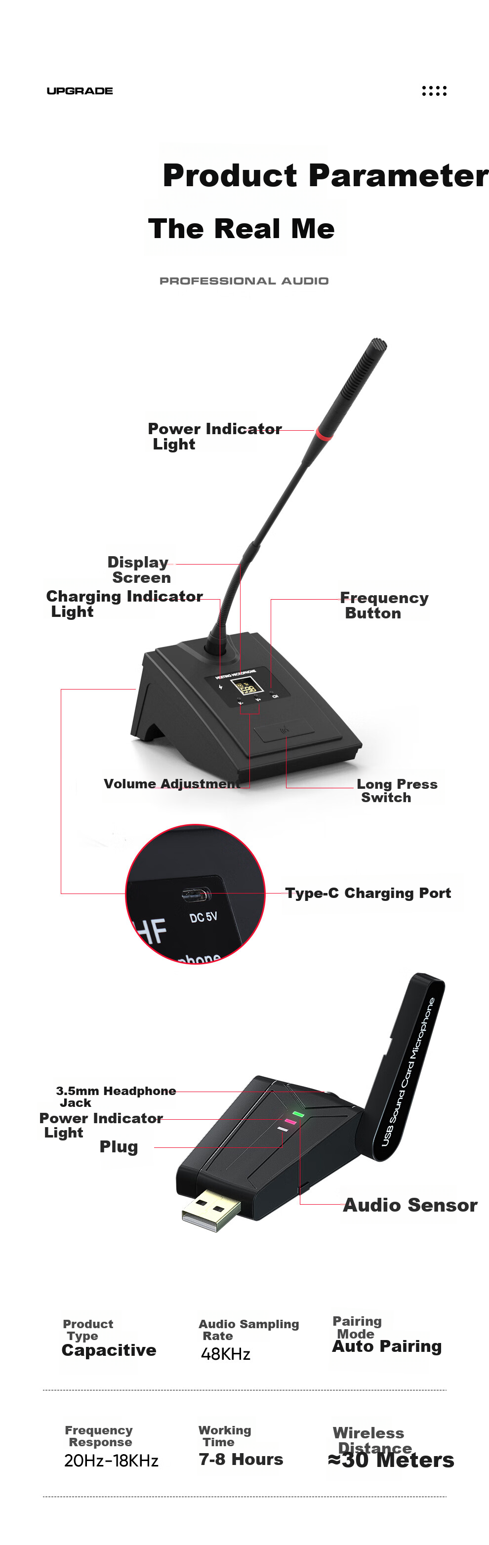 Depusheng QU7 Wireless Conference Microphone, USB Computer Recording Notebook Video Online Class Teaching Speaker, Training Call Desktop Gooseneck Stand Microphone, Condenser Microphone, One-To 9