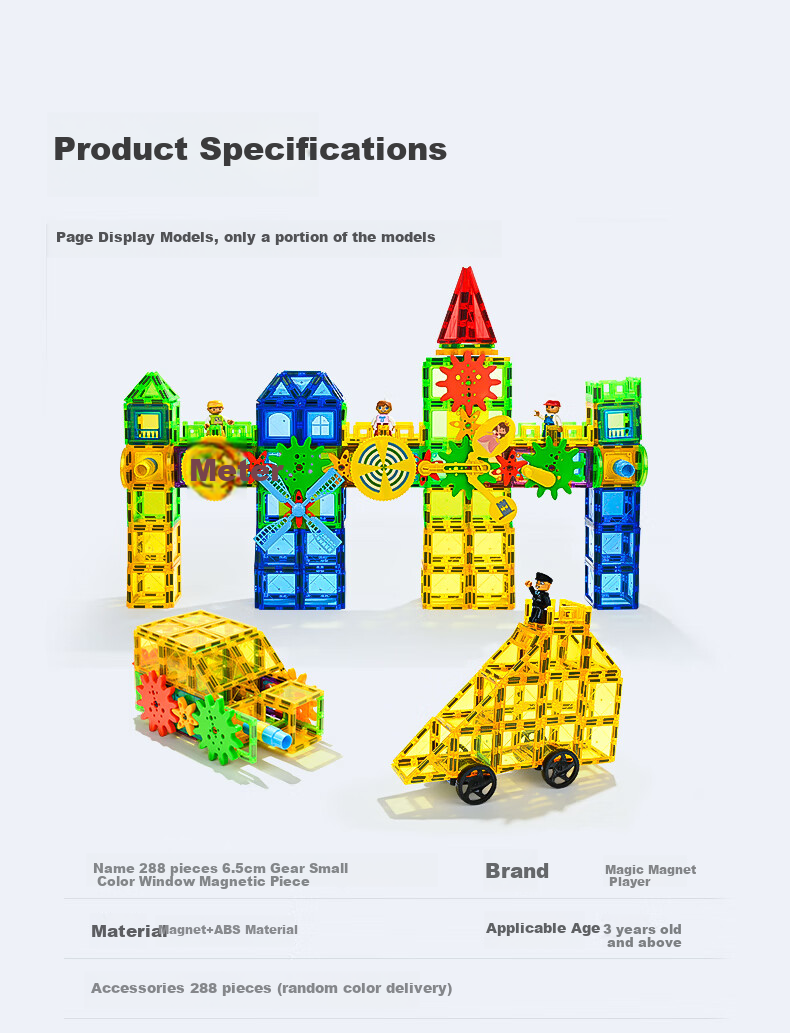 MAGPLAYER Colorful Window Magnetic Tiles, Children's Magnetic Toy Building Blocks with Wheels, Birthday Gift for Boys Aged 3-6, 288 Pieces 12