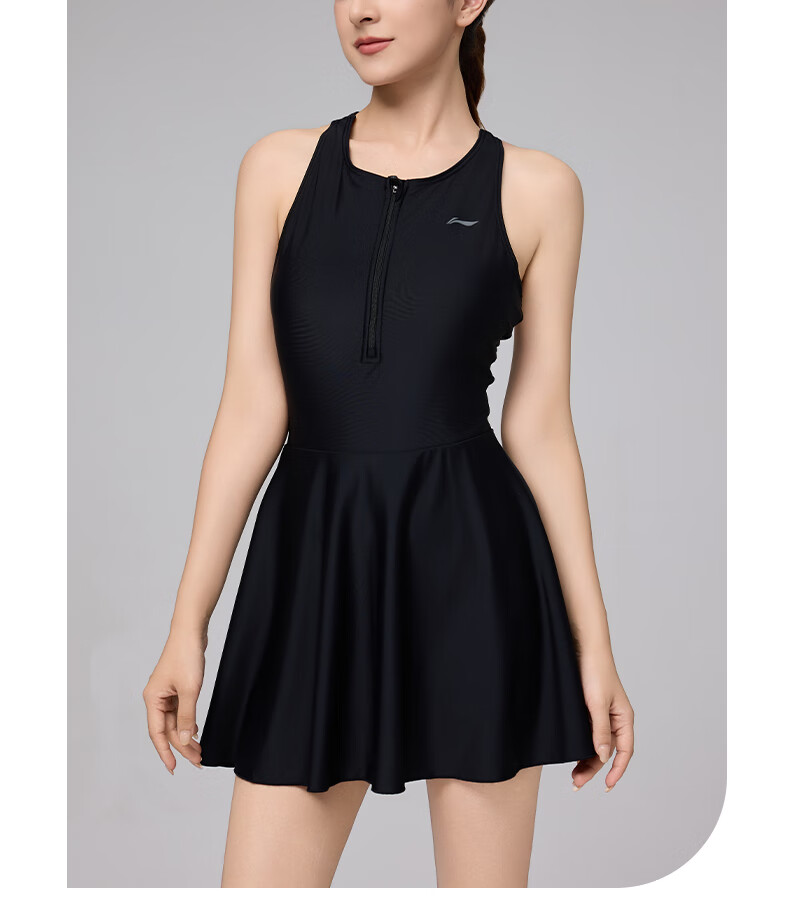 LI-NING 2025 New Women's One-Piece Swimsuit Beach Vacation Plus Size Tummy Control Slimming Skirt Swimdress Black M 14