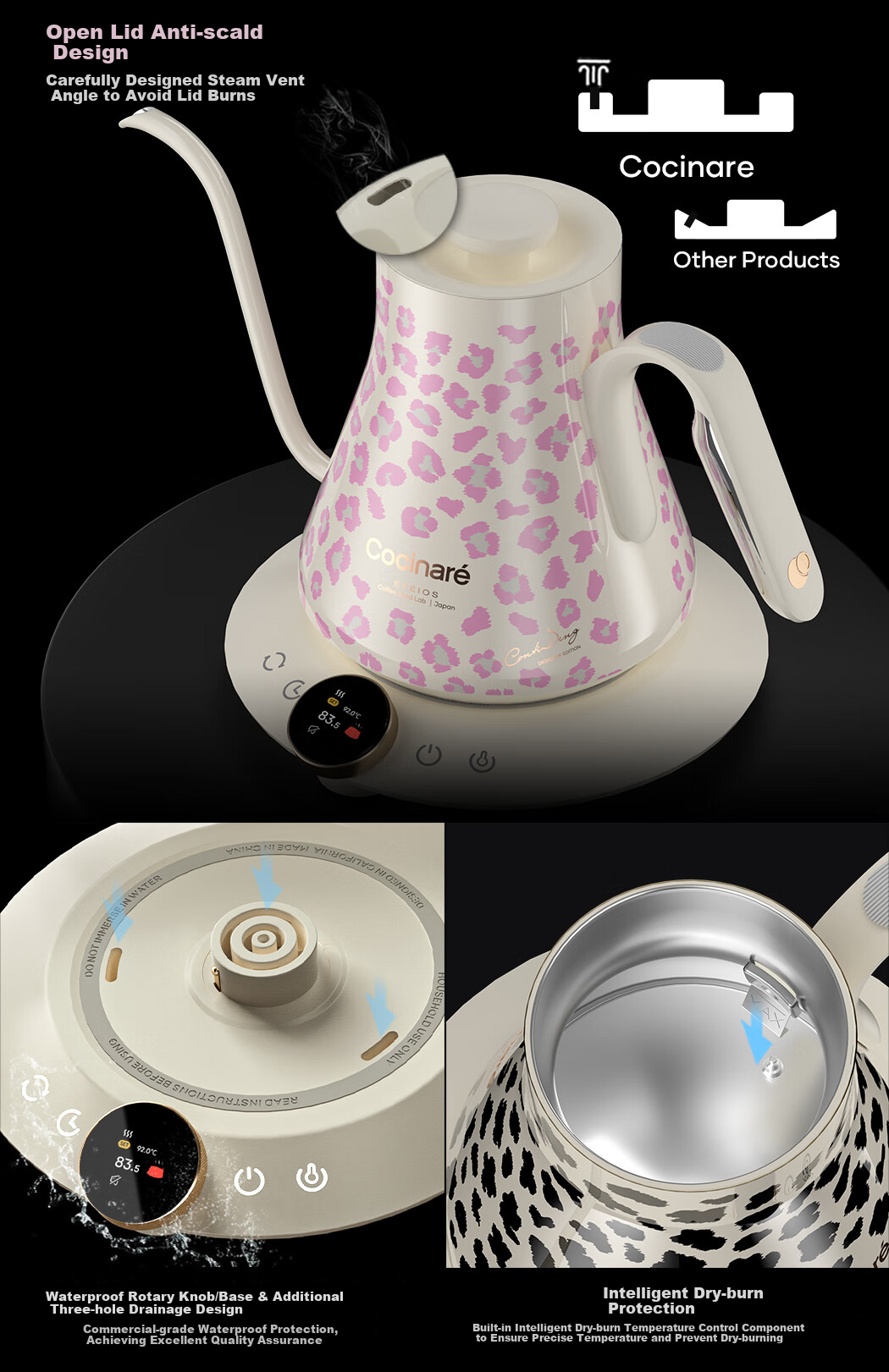 Cocinare Hand-Operated Pour-Over Kettle, Coffee Maker with Temperature Control And Color-Changing Function, Electric Kettle for Brewing Coffee, C Jia M9Pro Pink Panther 0.9L 4
