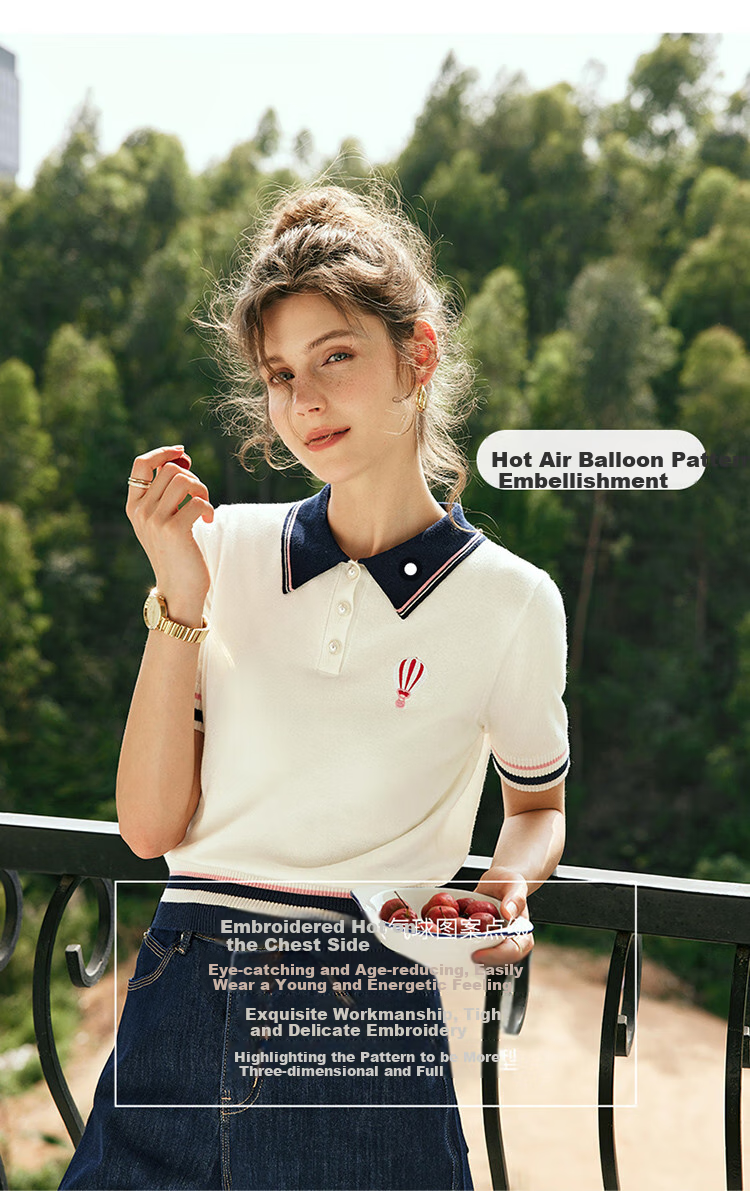 Olrain French Polo Collar Short-Sleeve Knit Top, Summer Women's Loose-Fit Academic Style Blouse, Off-White, XL 9