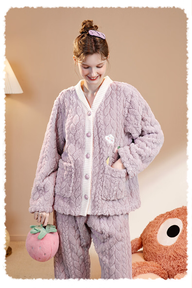 FENTENG Women's Thickened Double-Sided Warm Fleece V-Neck Cardigan Pajama Set Autumn Winter Homewear 1