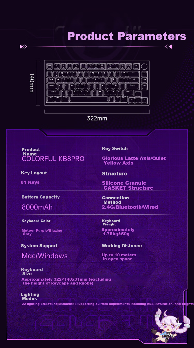Colorful KB8PRO81 Mechanical Keyboard, Wireless Bluetooth Tri-Mode Connection, Yijin IP Aluminum Block, Customizable E-Sports Gaming Keyboard, Meteor Purple, Quiet Yellow Switches 11