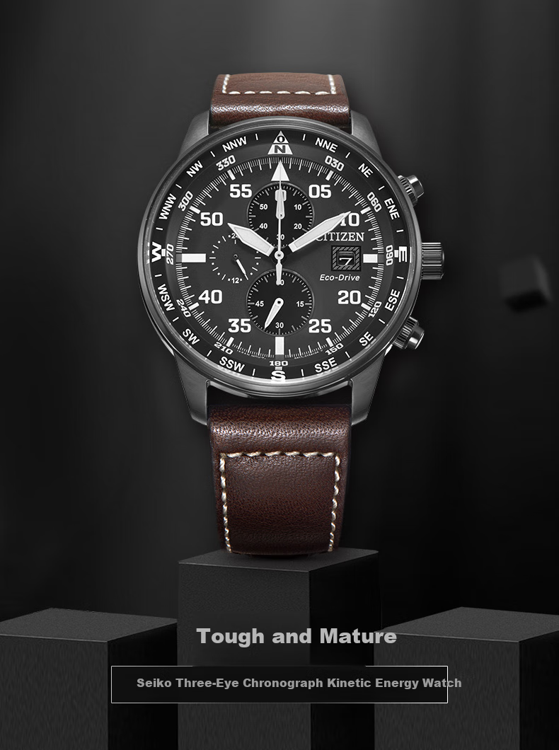 CITIZEN Watch for Men, Japanese And Korean Style, Eco-Drive, Three-Dial Black Face, Date Display, Leather Strap, Business Gift for Boyfriend, CA0695-17E 1