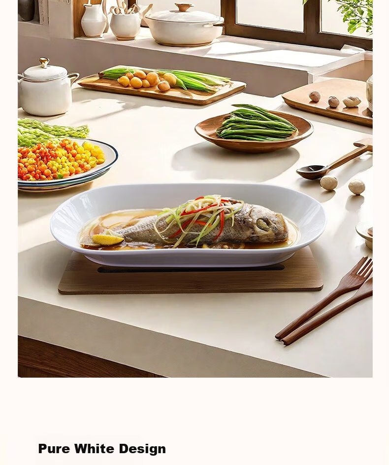 Huaqingge Ceramic Fish Plate, High-Quality White Porcelain Western-Style Dish, 12-Inch Large Deep Pure White Steaming Fish Plate 5