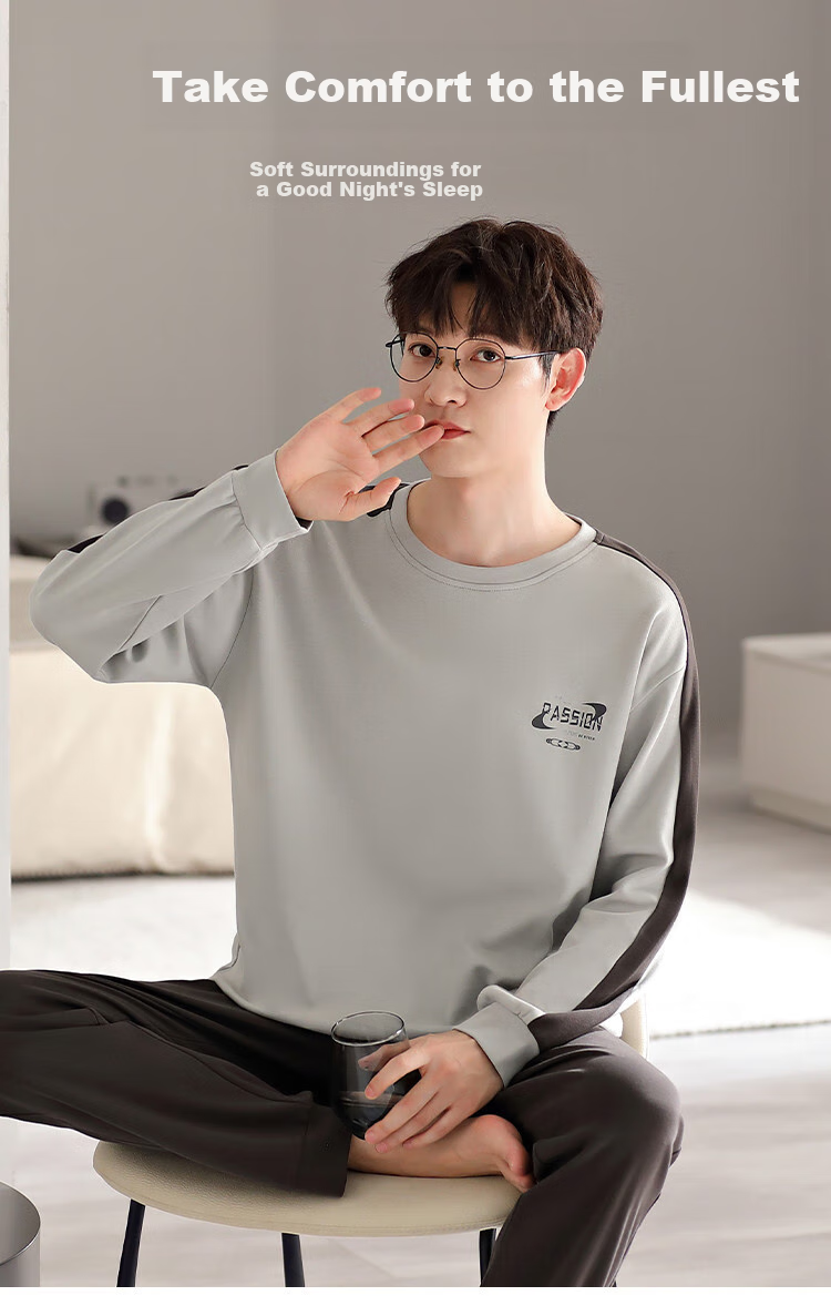LangSha [100% Cotton] Men's Pajamas, Spring And Summer Simple Loose Comfortable Round Neck Pullover Loungewear Set, Suitable for Outdoor Wear 1