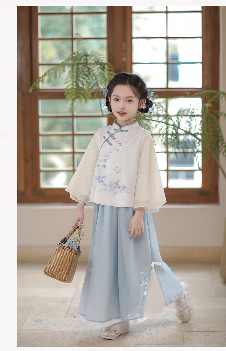 Qibo Hanfu Girls' Spring And Autumn 2026 Mid-Autumn Festival New Style Chinese-Style Tang Suit Children's Outfit Set, Floral Rain Pink, Size 140 19