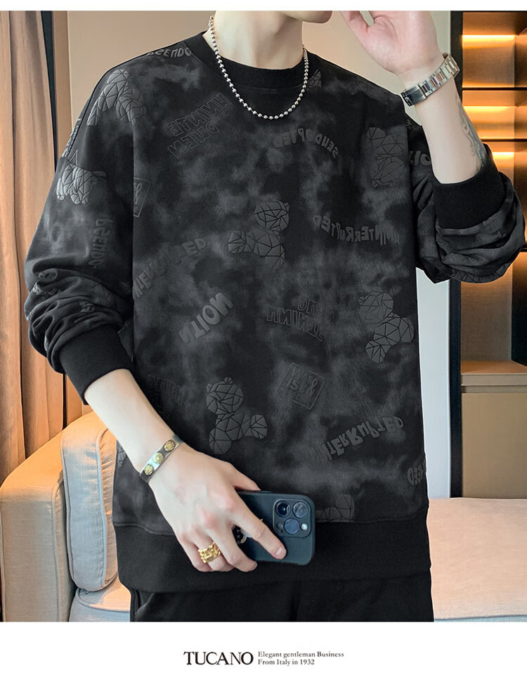 TUCANO Men's Sweatshirt Spring Autumn Loose Fit Crew Neck Long Sleeve Casual Heavyweight Jacket Black 4XL 11