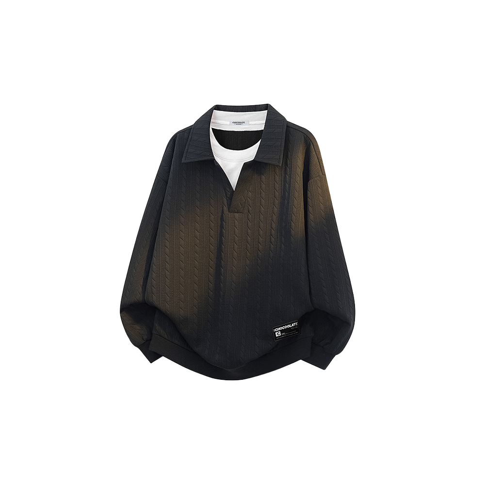 :CHOCOOLATE IT Fake Two-Piece Collar Sweatshirt Men Autumn Winter New Trendy Loose Polo Shirt Black M