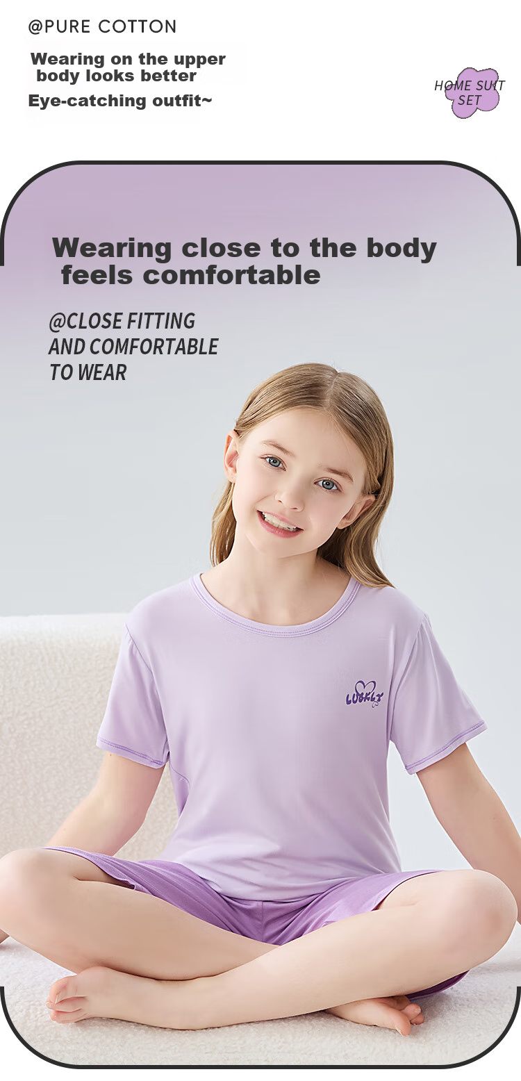 LangSha Children's Pajamas for Girls, Summer Thin Comfortable Breathable Short-Sleeve Sleepwear, Home Wear Set for Older Children, Purple, Size 160 7