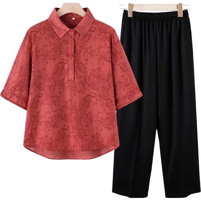 Yalu Middle-aged and Elderly Women's Summer Set 2026 New Mom's Fashionable Short Sleeve Shirt for Women Aged 40-50
