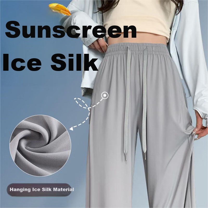 LangSha Ice Silk Wide-Leg Pants for Women, Summer Lightweight High-Waist Draping Loose Casual Straight-Leg Slimming Side-Slit Sports Sun Protection Women's Trousers