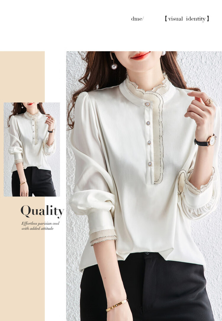 Dme [16 Mm Elastic Satin Mulberry Silk Blouse], Spring And Autumn Stand-Collar Puff Sleeve Women's Wear, Pure Silk Shirt for Wome 12